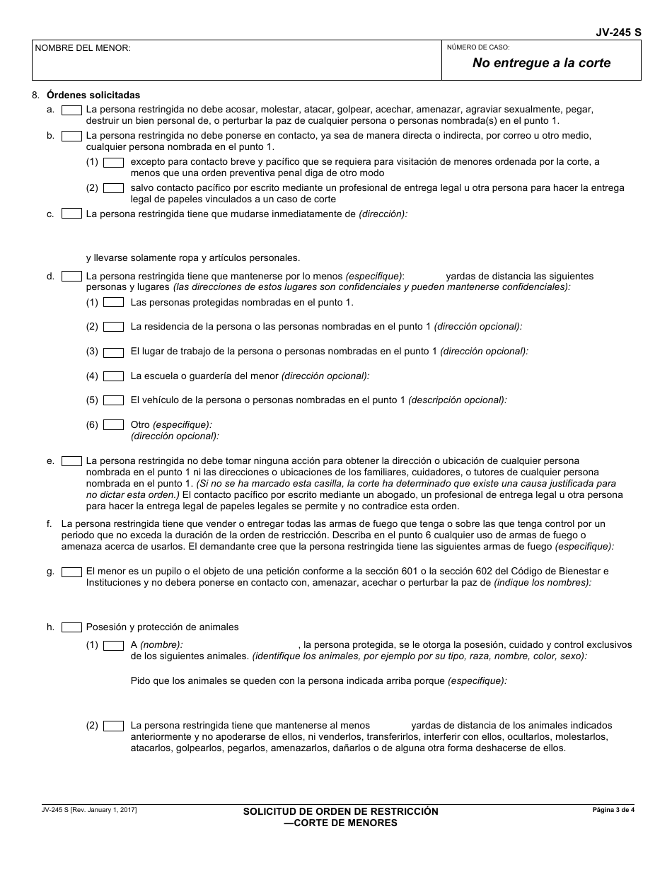 Formulario JV-245 S Solicitud De Orden De Restriccioncorte De Menores - California (Spanish), Page 3
