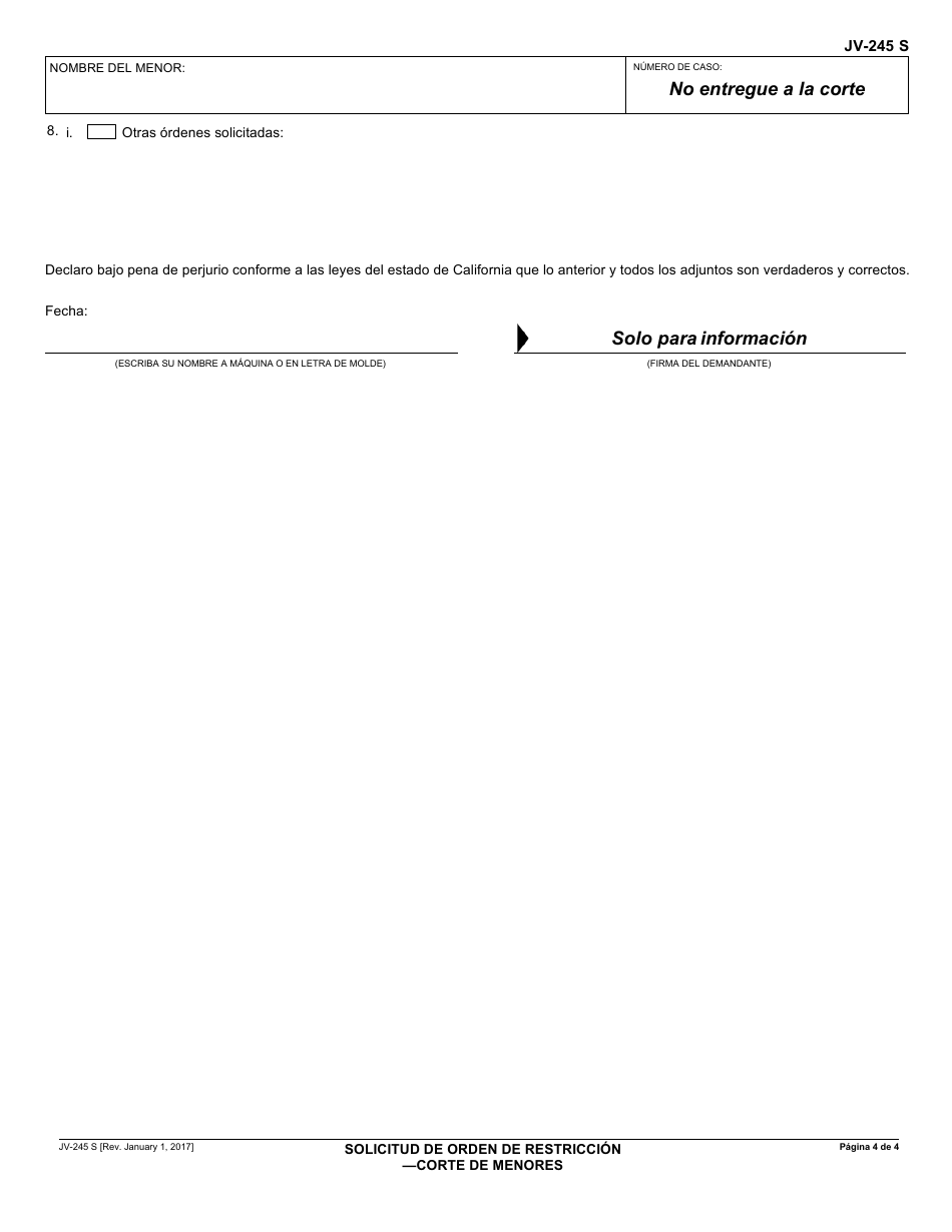 Formulario JV-245 S Solicitud De Orden De Restriccioncorte De Menores - California (Spanish), Page 4