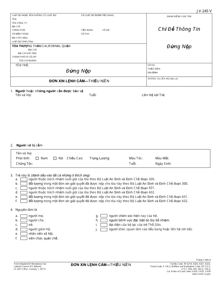 Form JV-245 V Request for Restraining Order - Juvenile - California (Vietnamese), Page 1