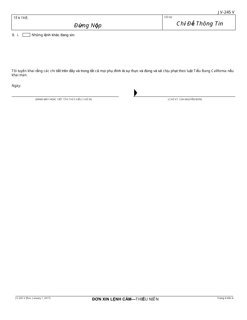 Form JV-245 V Request for Restraining Order - Juvenile - California (Vietnamese), Page 4