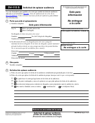 Document preview: Formulario DV-115 S Solicitud De Aplazar Audiencia - California (Spanish)