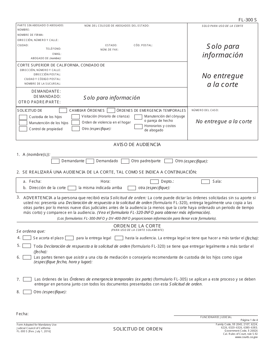 Formulario FL-300 S Solicitud De Cambiar Ordenes / Ordenes De Emergencia Temporales - California (Spanish), Page 1