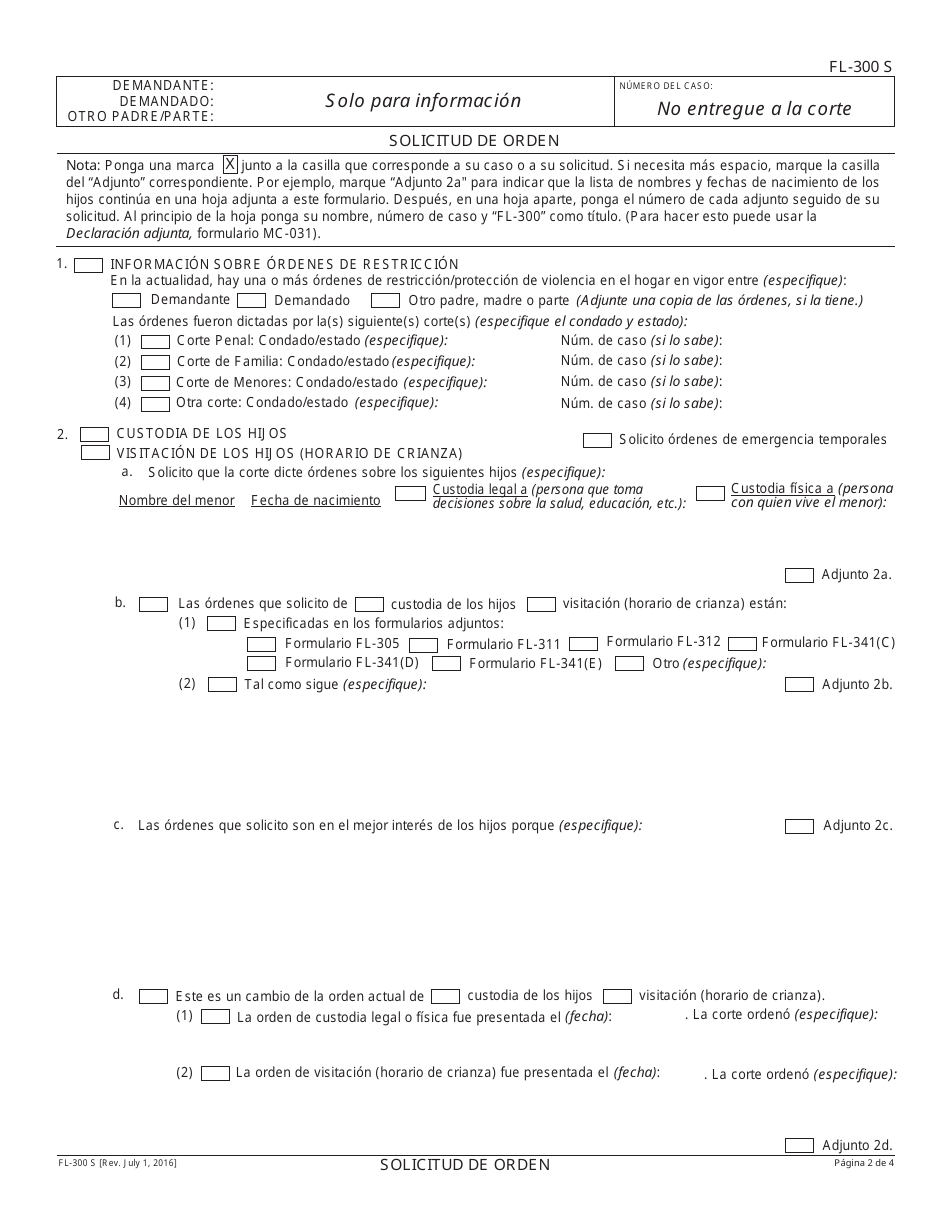 Formulario FL-300 S Solicitud De Cambiar Ordenes / Ordenes De Emergencia Temporales - California (Spanish), Page 2