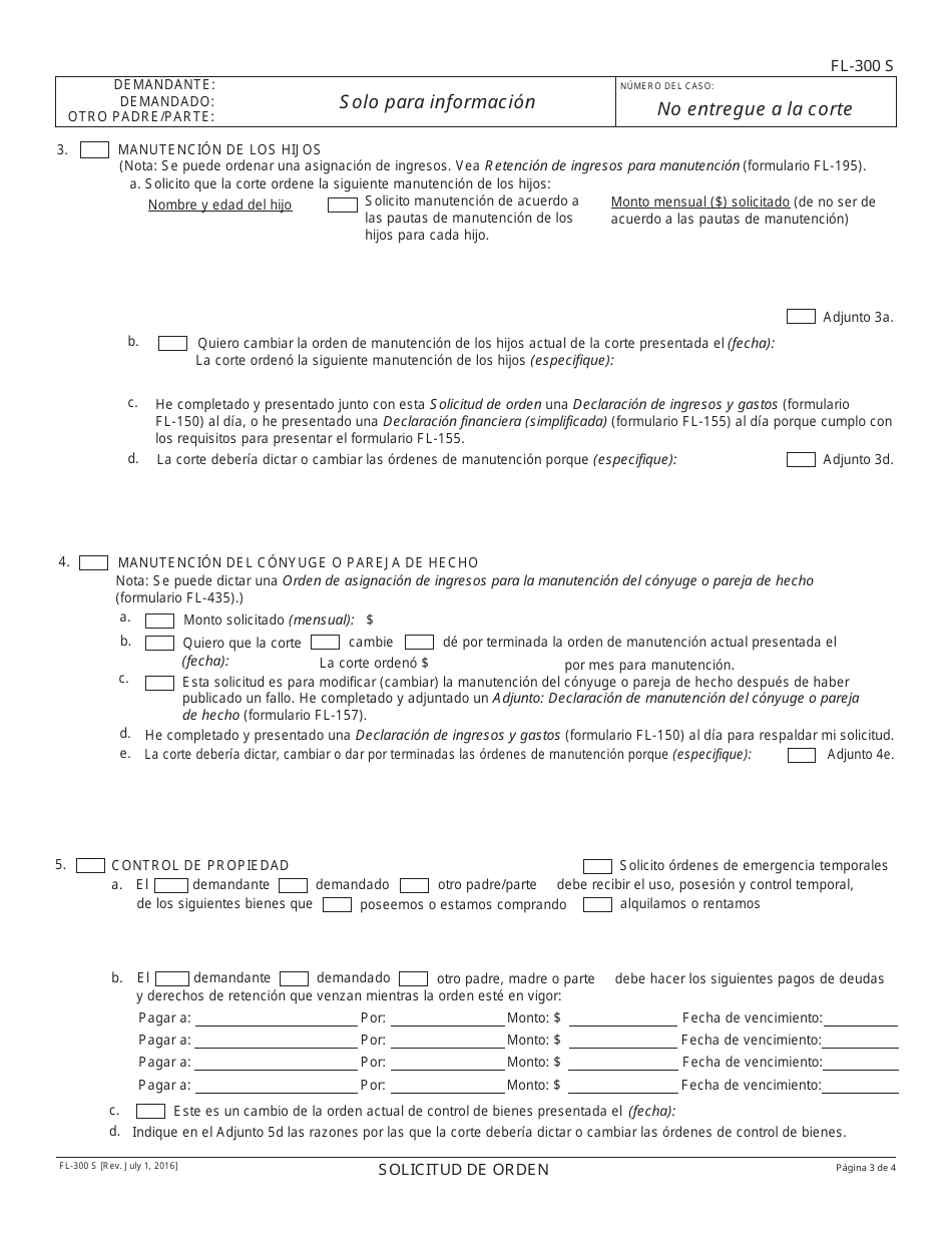 Formulario FL-300 S Solicitud De Cambiar Ordenes / Ordenes De Emergencia Temporales - California (Spanish), Page 3