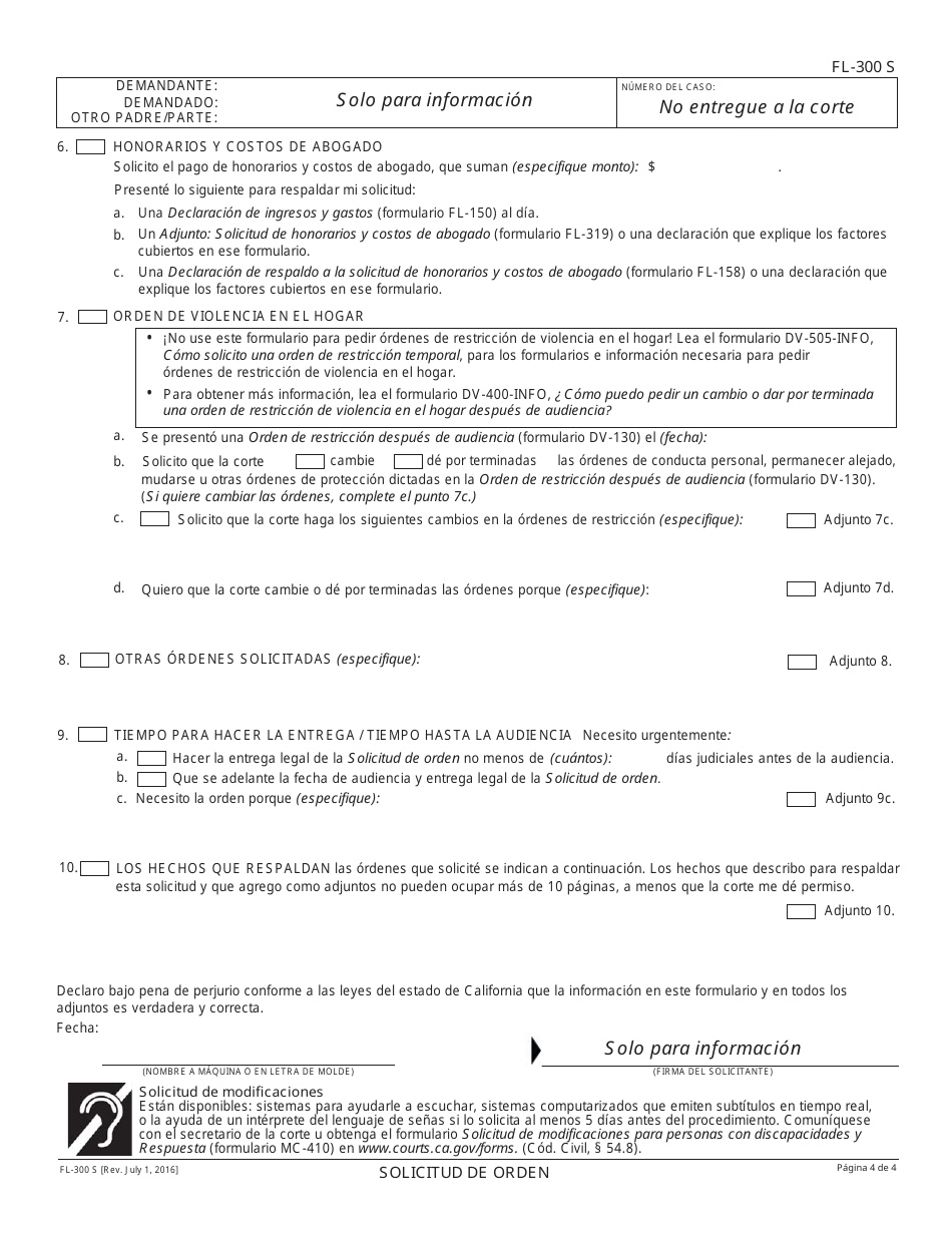 Formulario FL-300 S Solicitud De Cambiar Ordenes / Ordenes De Emergencia Temporales - California (Spanish), Page 4
