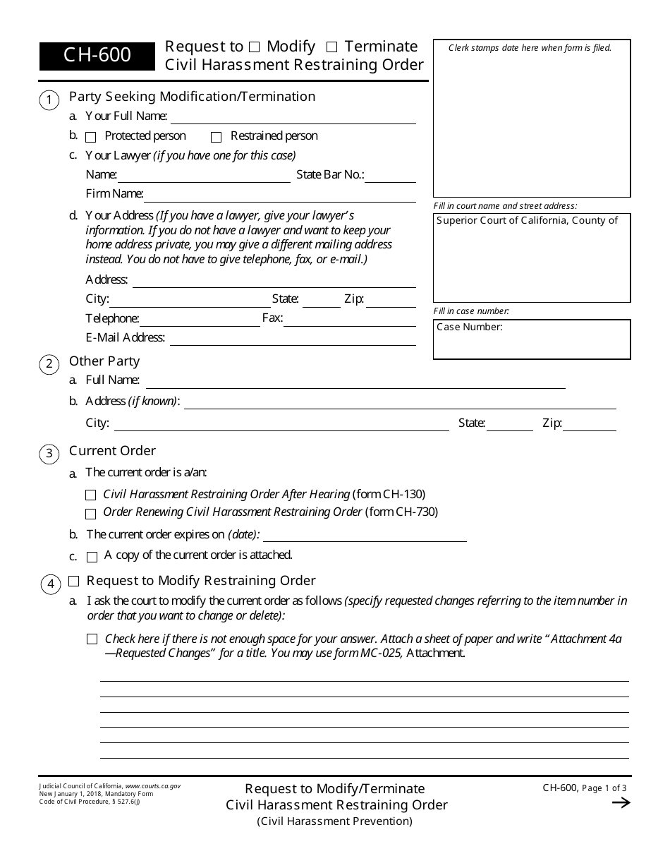 Form CH-600 Request to Modify/Terminate Civil Harassment Restraining Order - California, Page 1