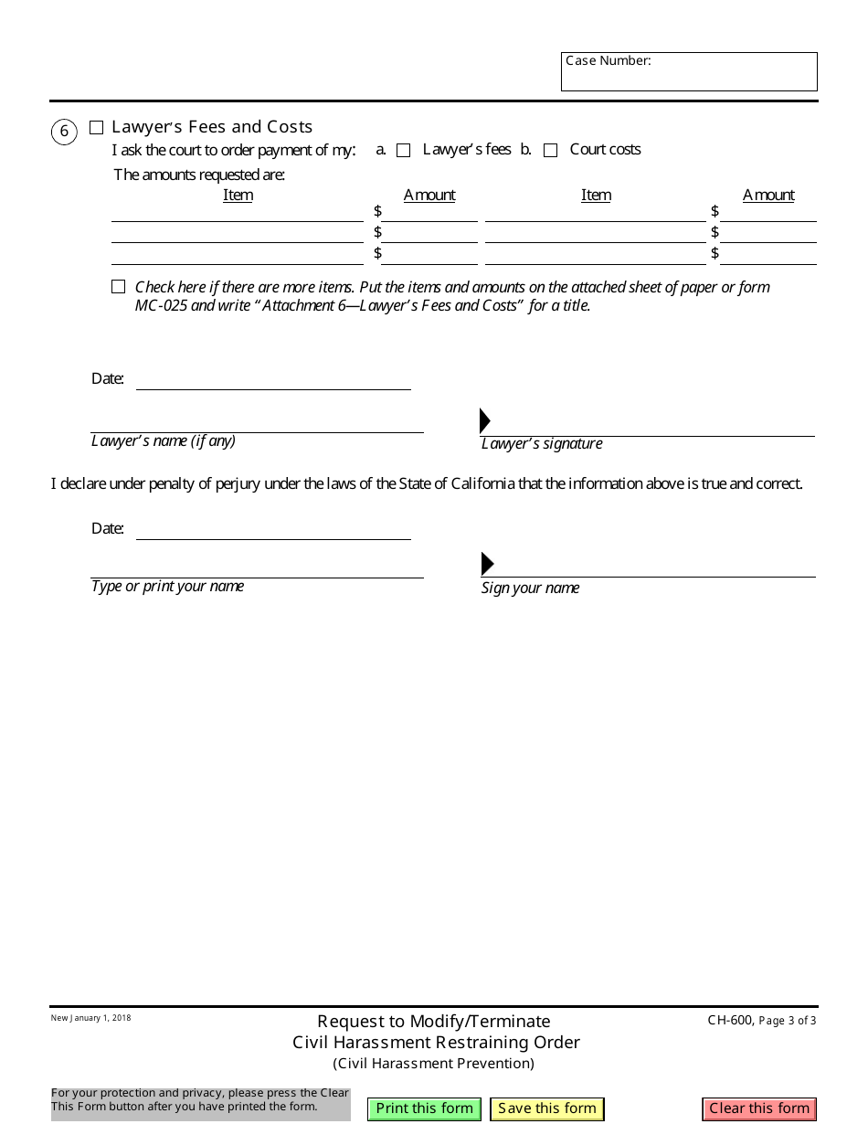 Form CH-600 Request to Modify / Terminate Civil Harassment Restraining Order - California, Page 3