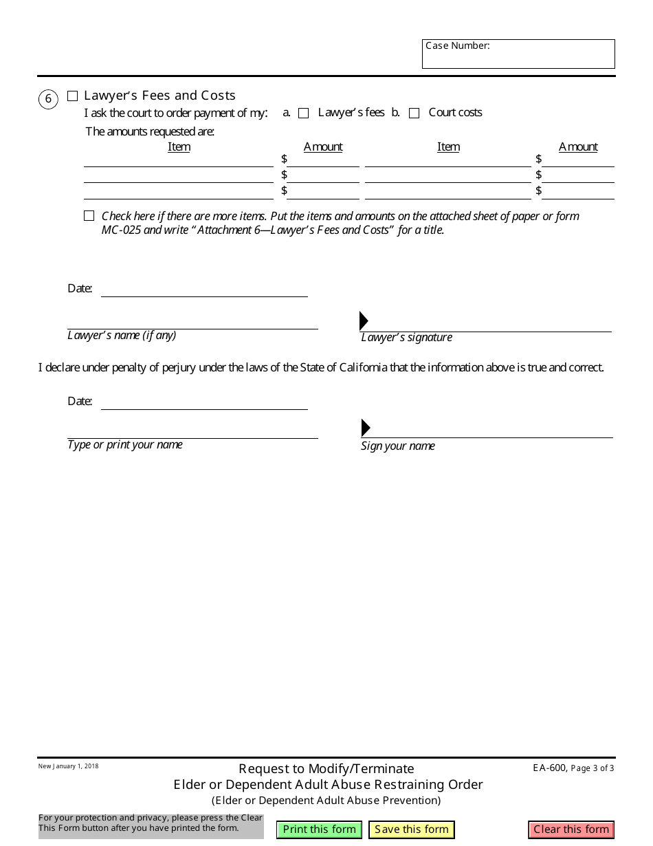Form EA-600 Request to Modify / Terminate Elder or Dependent Adult Abuse Restraining Order - California, Page 3