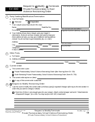 Form SV-600 &quot;Request to Modify/Terminate Private Postsecondary School Violence Restraining Order&quot; - California