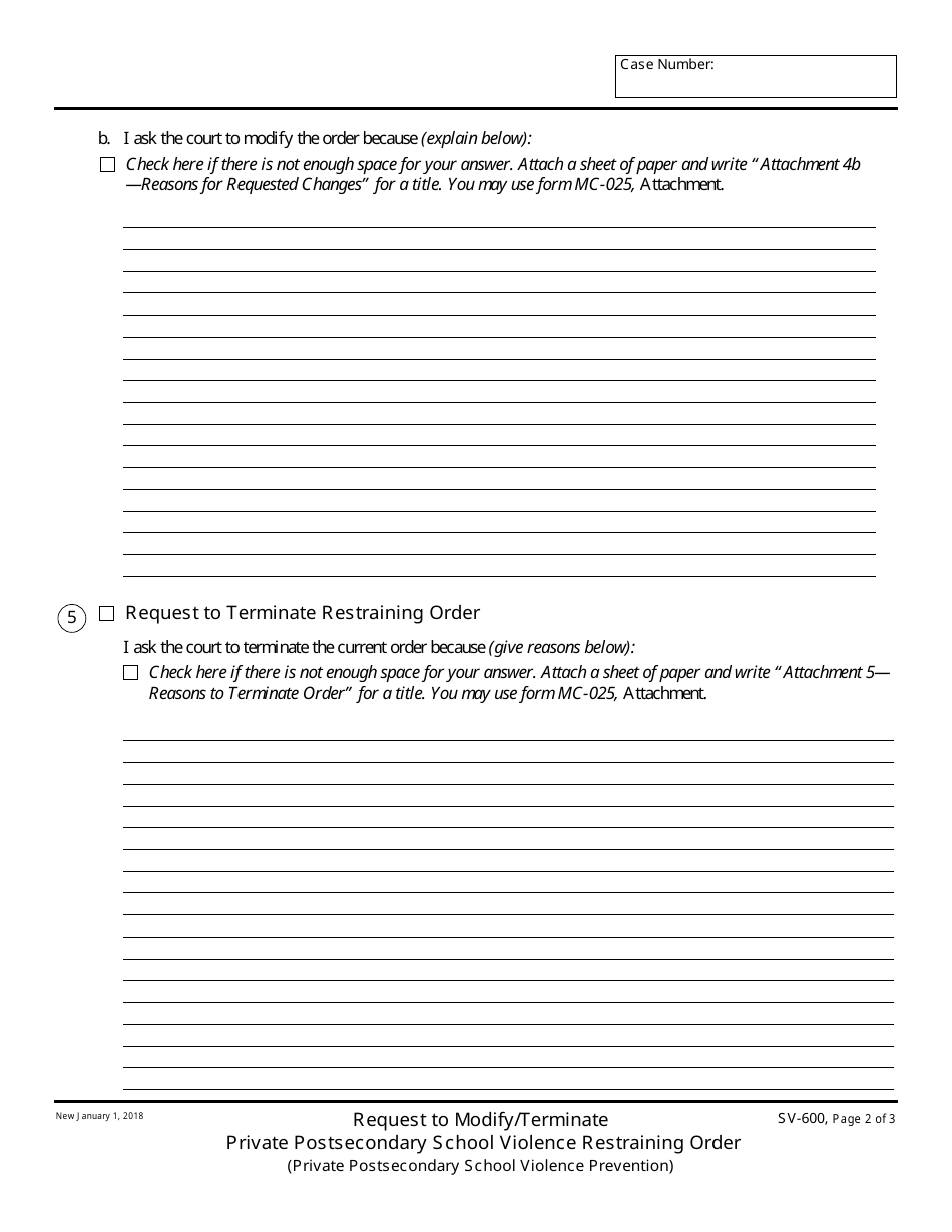 Form SV-600 Request to Modify / Terminate Private Postsecondary School Violence Restraining Order - California, Page 2
