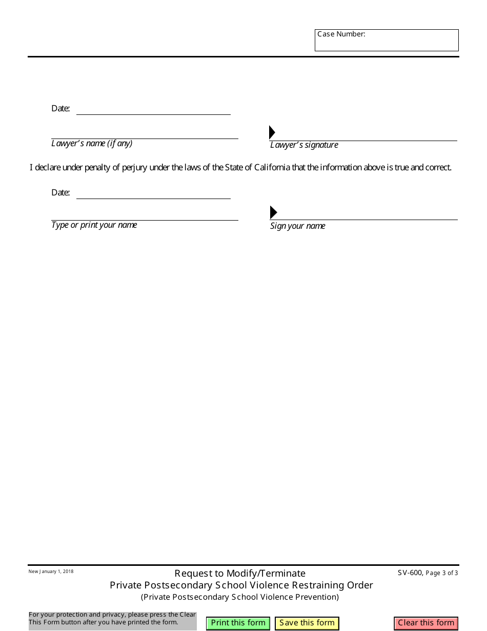 Form SV-600 Request to Modify / Terminate Private Postsecondary School Violence Restraining Order - California, Page 3