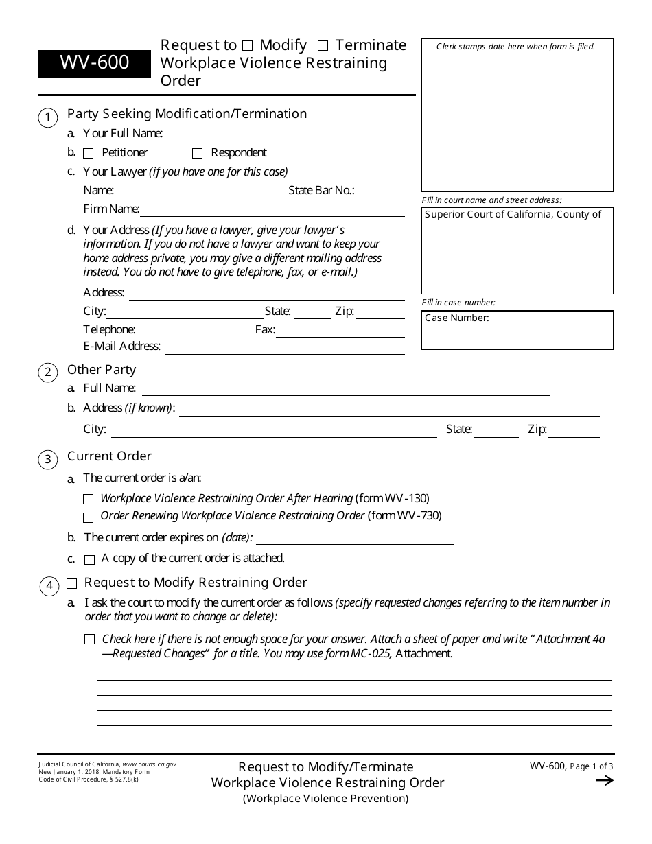 Form WV-600 Request to Modify / Terminate Workplace Violence Restraining Order - California, Page 1