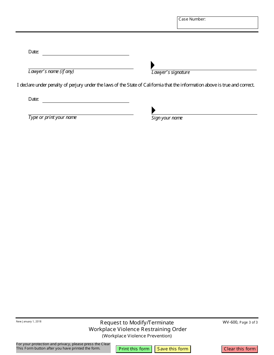 Form WV-600 Request to Modify / Terminate Workplace Violence Restraining Order - California, Page 3