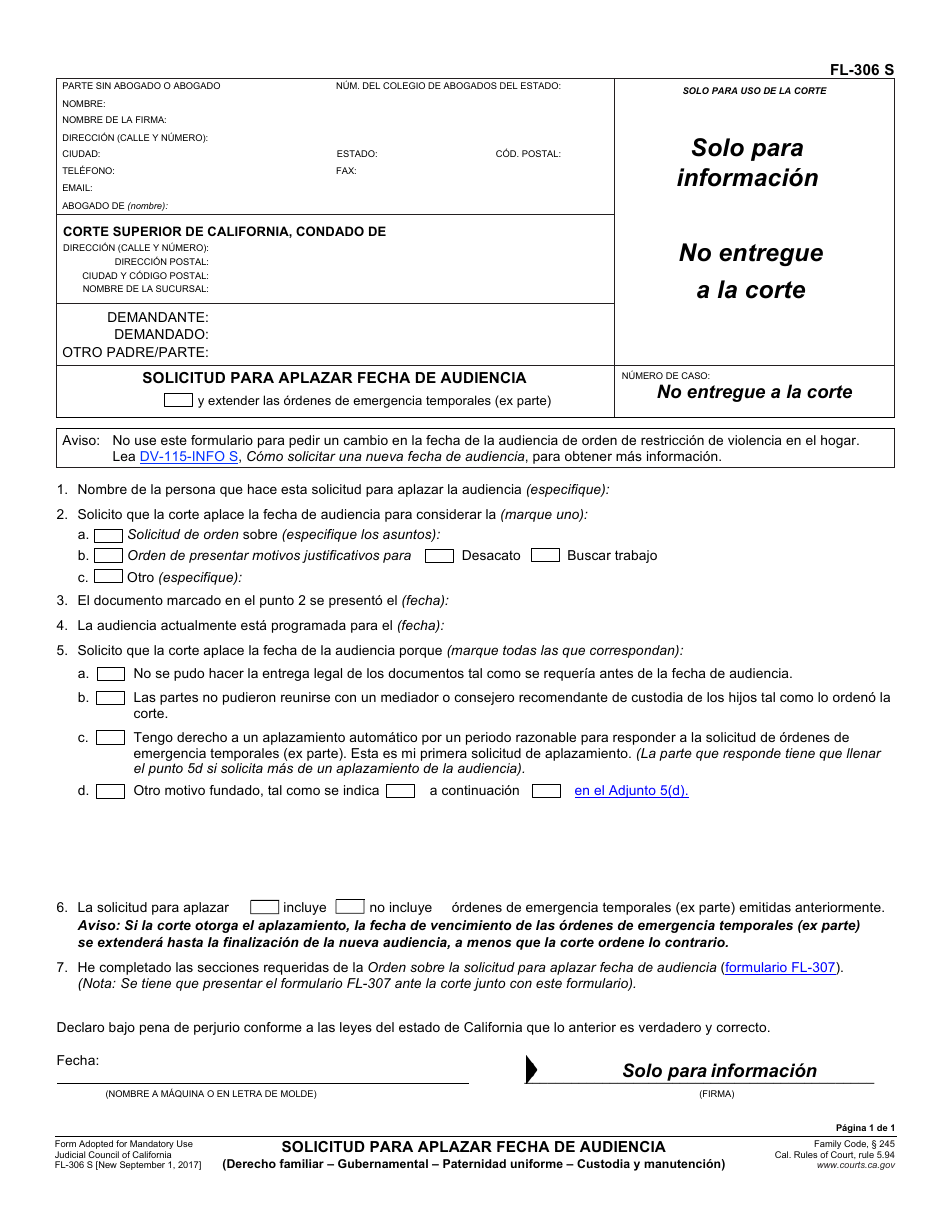 Formulario FL-306 S Solicitud Para Aplazar Fecha De Audiencia - California (Spanish), Page 1