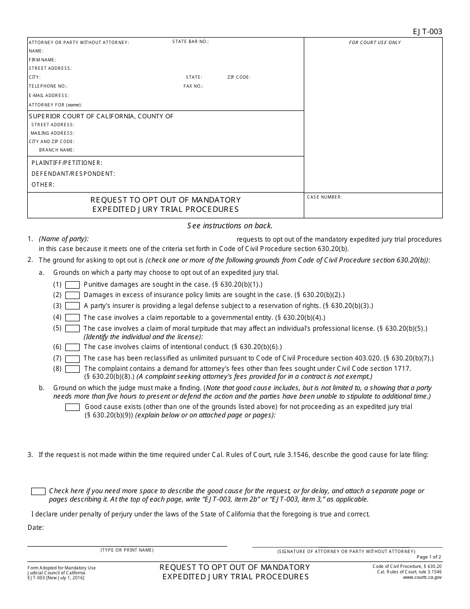 Form EJT-003 - Fill Out, Sign Online and Download Fillable PDF ...