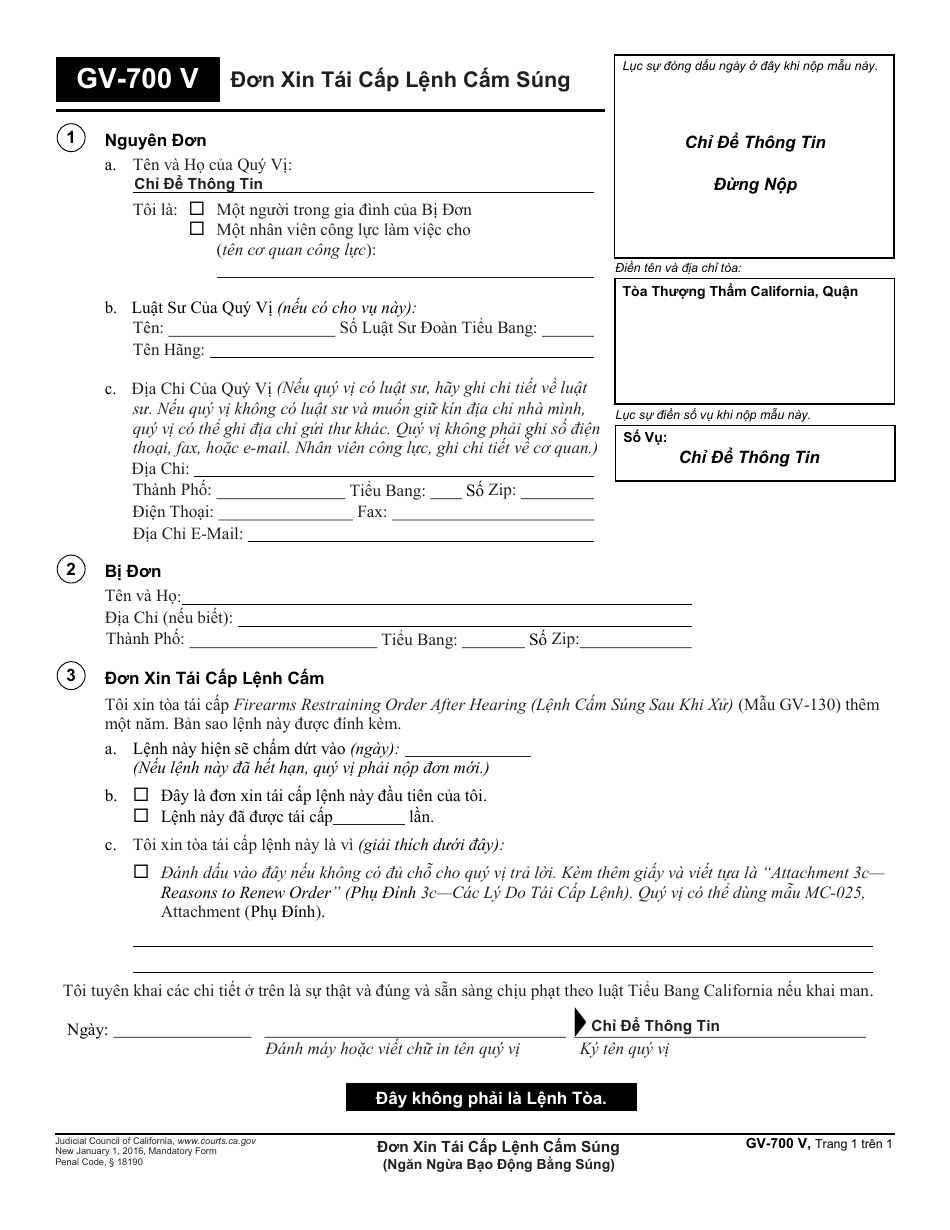 Form GV-700 V Request to Renew Gun Violence Restraining Order - California (Vietnamese), Page 1