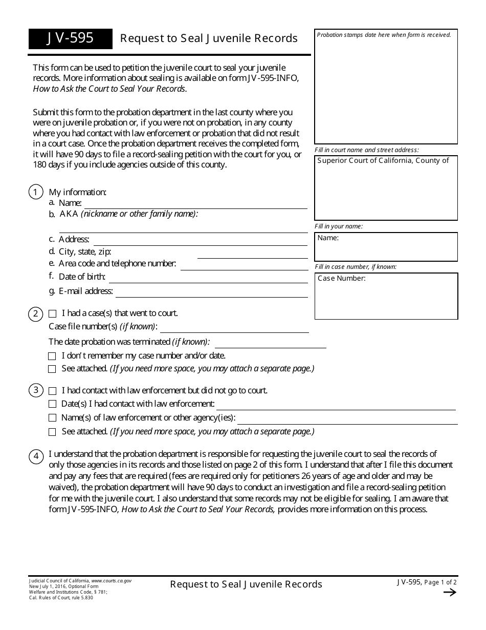Form JV-595 Request to Seal Juvenile Records - California, Page 1
