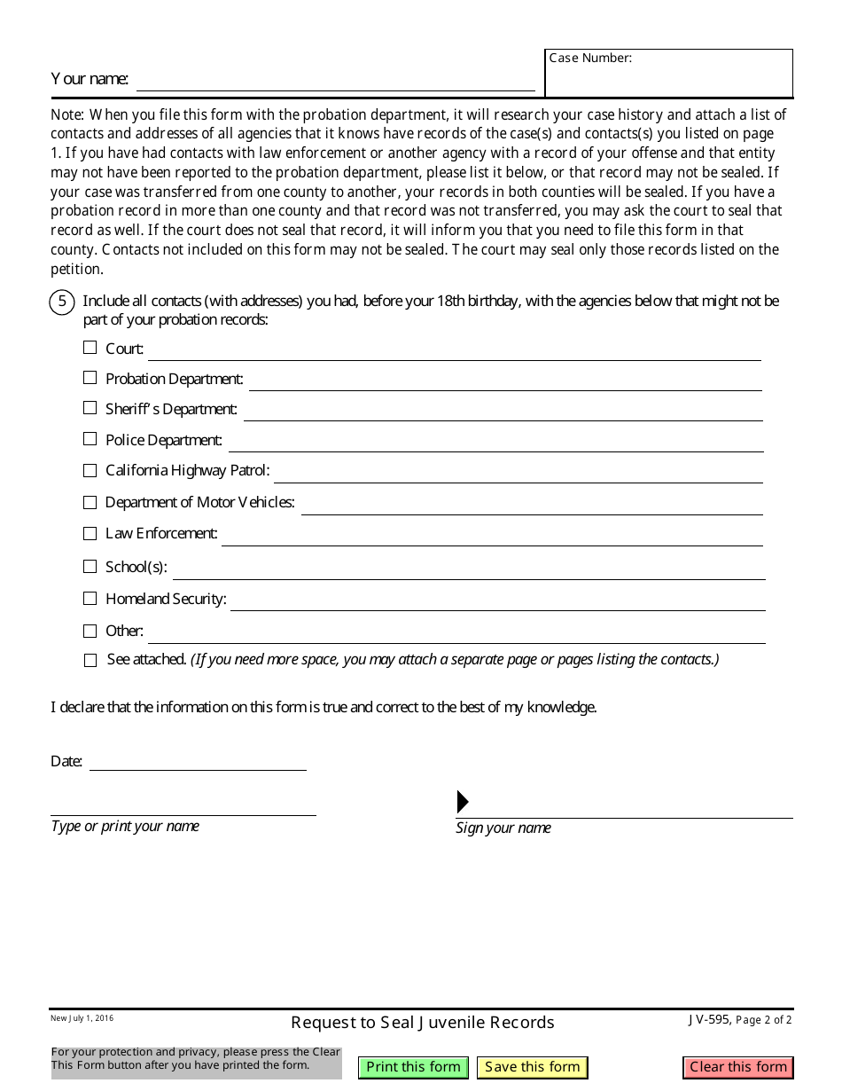 Form JV-595 Request to Seal Juvenile Records - California, Page 2