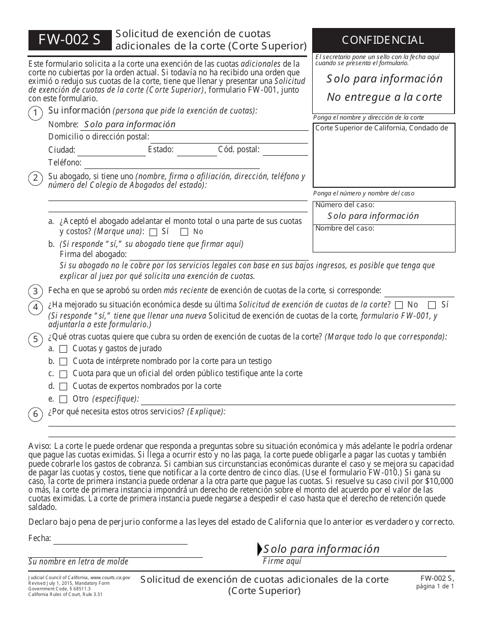 Formulario FW-002 S Solicitud De Exencion De Cuotas Adicionales De La Corte (Corte Superior) - California (Spanish), Page 1