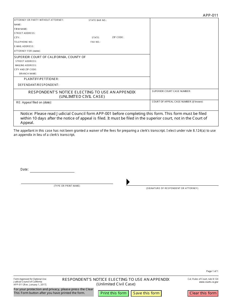 Form APP-011 Respondents Notice Electing to Use an Appendix (Unlimited Civil Case) - California, Page 1