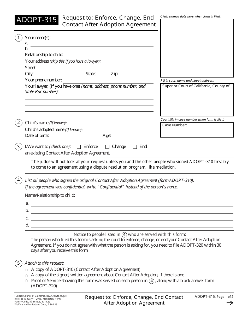 Form ADOPT-315 Request to: Enforce, Change, End Contact After Adoption Agreement - California, Page 1