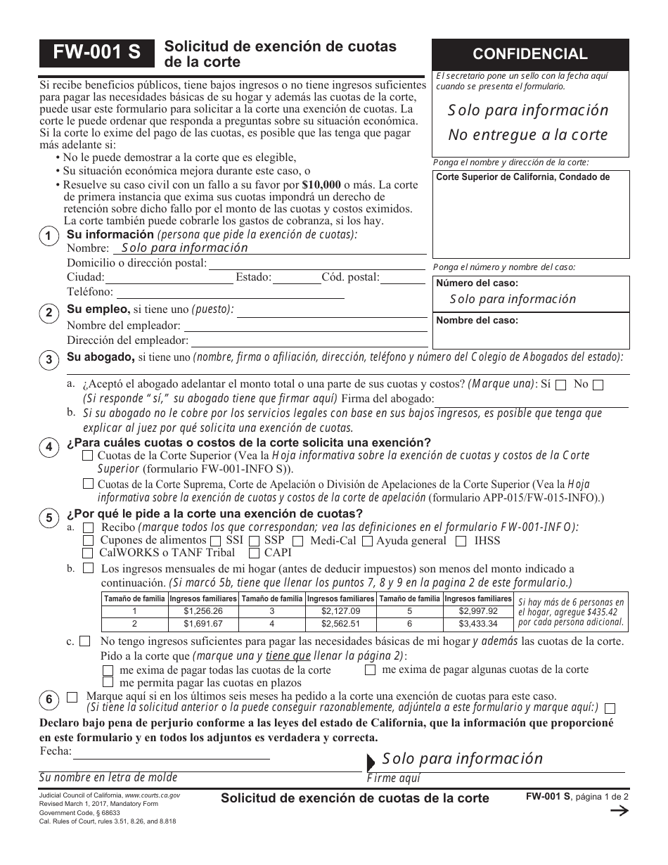 Formulario FW-001 S Solicitud De Exencion De Cuotas De La Corte - California (Spanish), Page 1