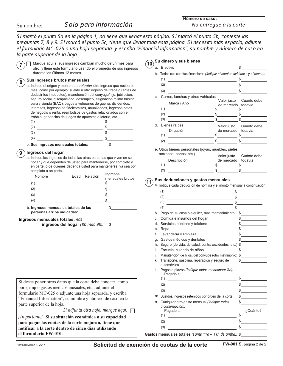 Formulario FW-001 S Solicitud De Exencion De Cuotas De La Corte - California (Spanish), Page 2