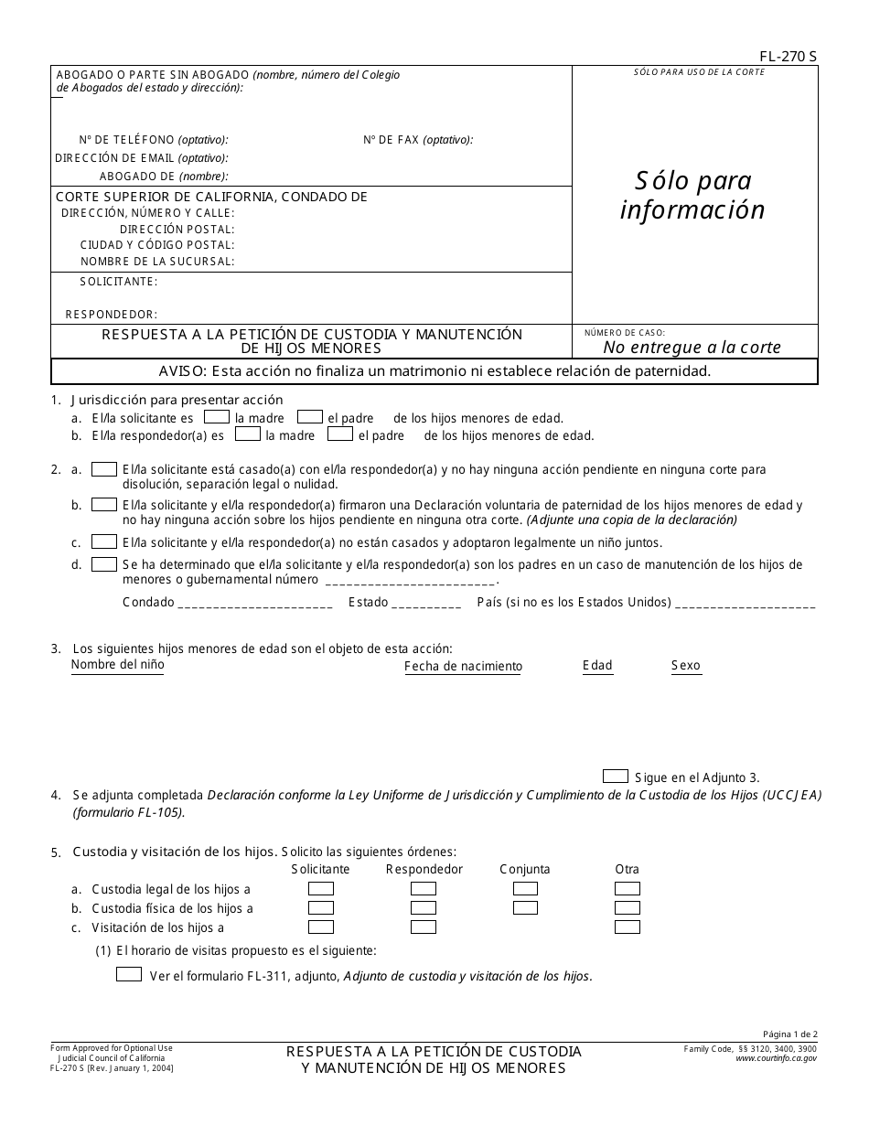 Formulario FL-270 S Respuesta a La Peticion De Custodia Y Manutencion De Hijos Menores - California (Spanish), Page 1