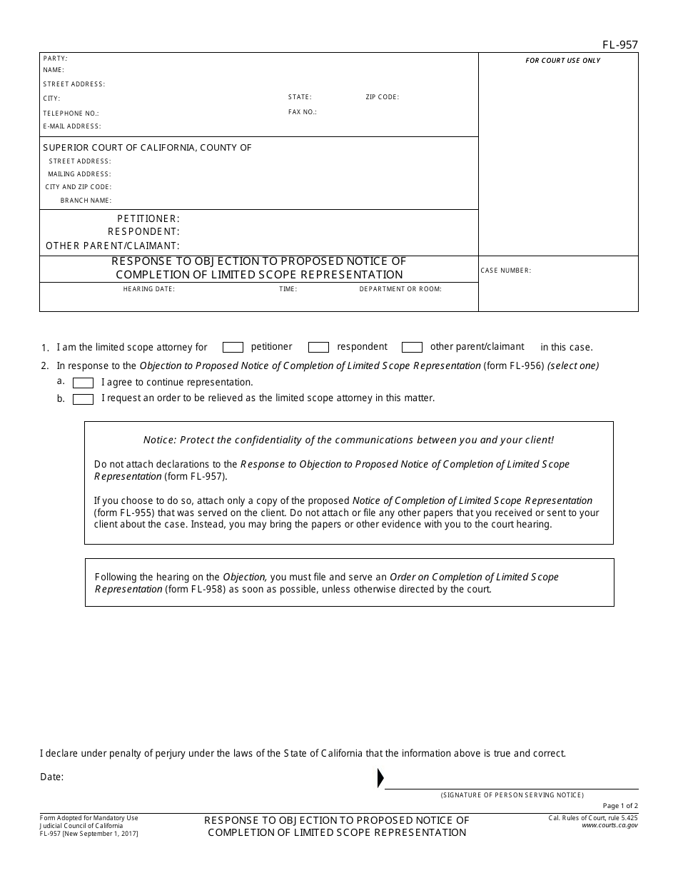 Form FL-957 Response to Objection to Proposed Notice of Completion of Limited Scope Representation - California, Page 1