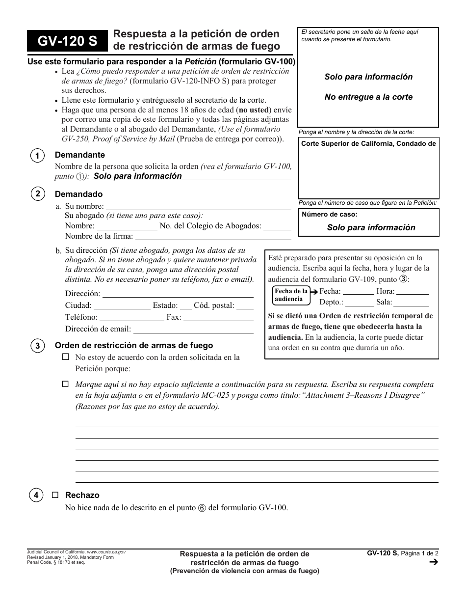 Formulario GV-120 S Respuesta a La Peticion De Orden De Restriccion De Armas De Fuego - California (Spanish), Page 1