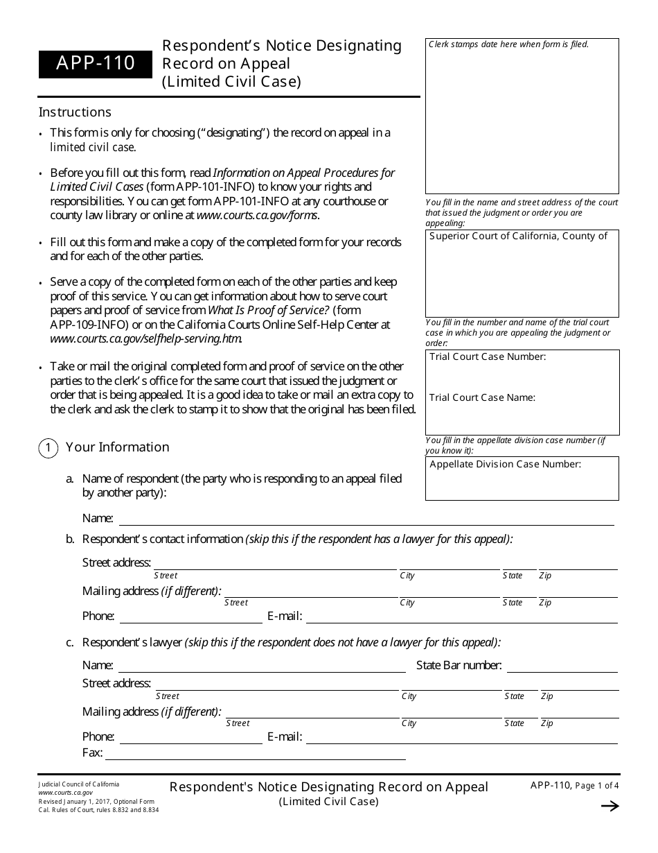 Form APP-110 Respondents Notice Designating Record on Appeal (Limited Civil Case) - California, Page 1