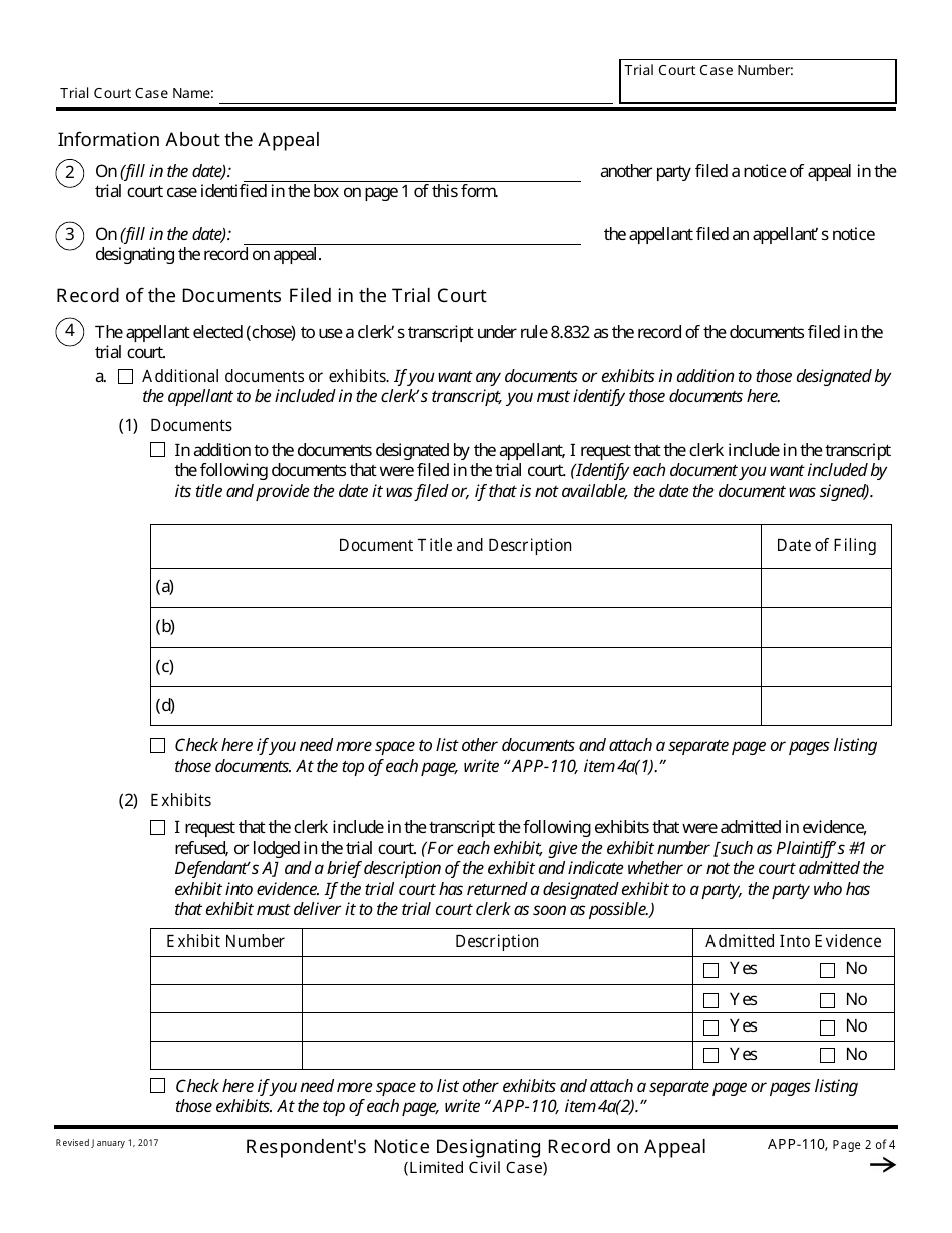 Form APP-110 Respondents Notice Designating Record on Appeal (Limited Civil Case) - California, Page 2