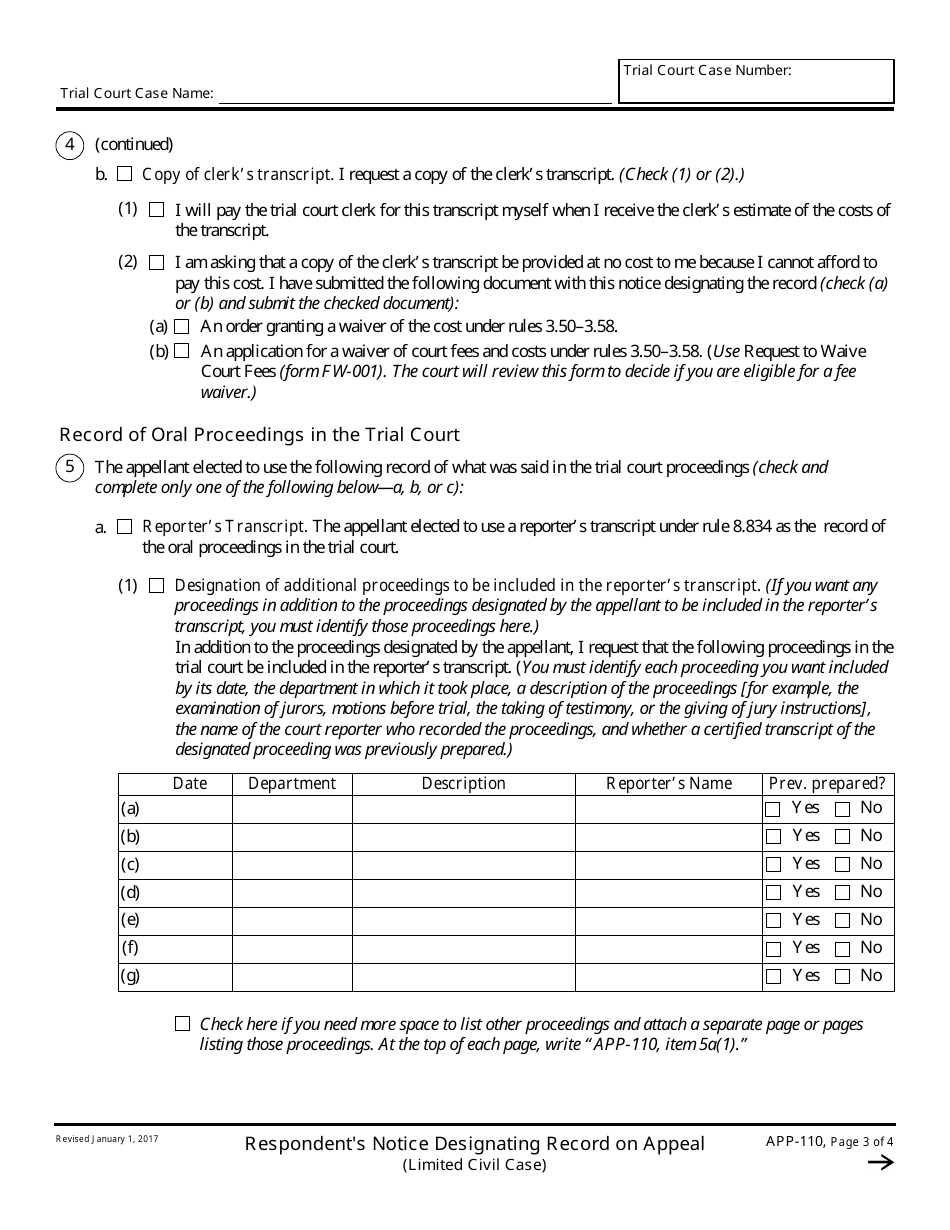 Form APP-110 Respondents Notice Designating Record on Appeal (Limited Civil Case) - California, Page 3