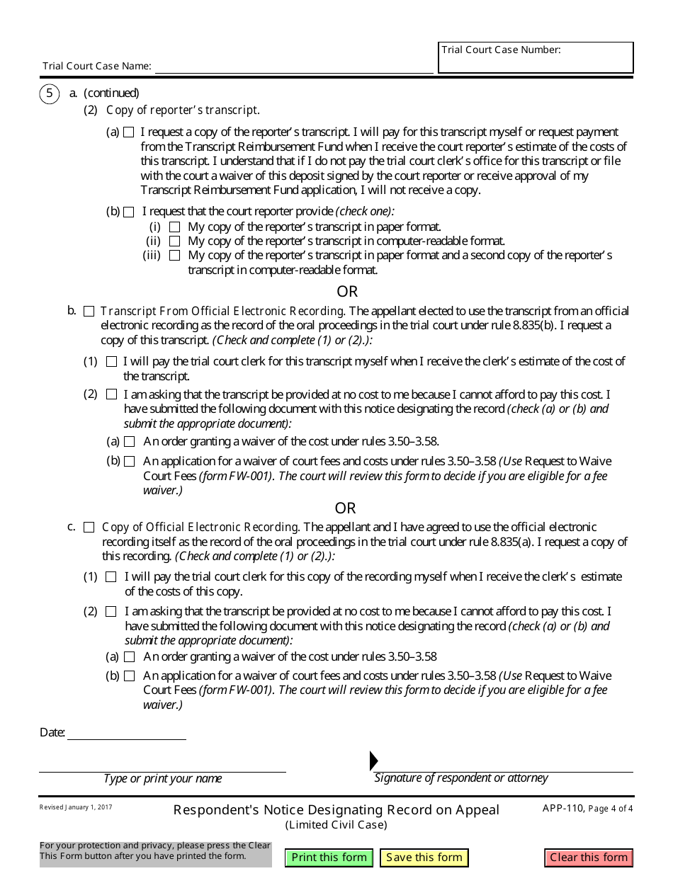 Form APP-110 Respondents Notice Designating Record on Appeal (Limited Civil Case) - California, Page 4