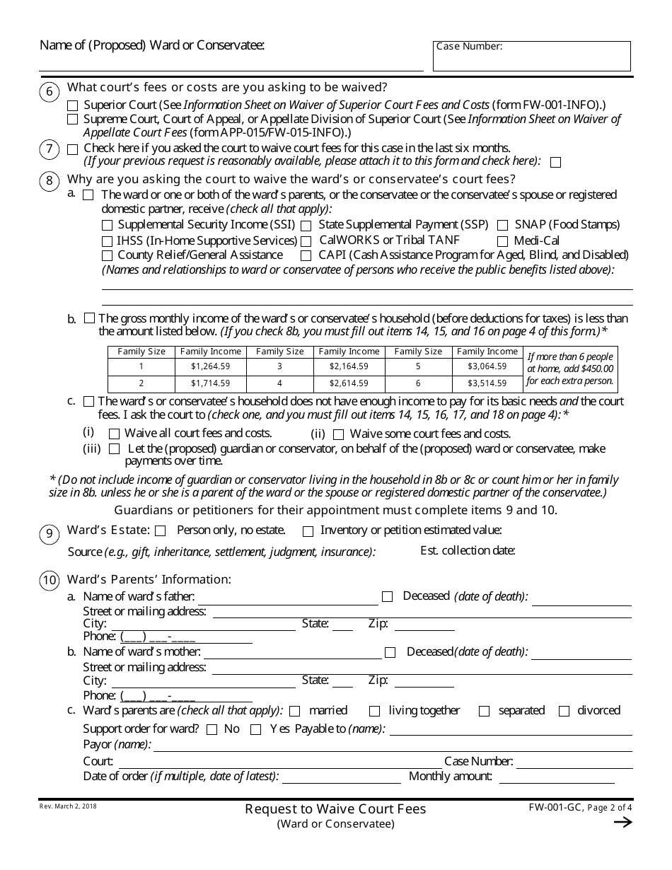 Form FW-001-GC Request to Waive Court Fees (Ward or Conservatee) - California, Page 2