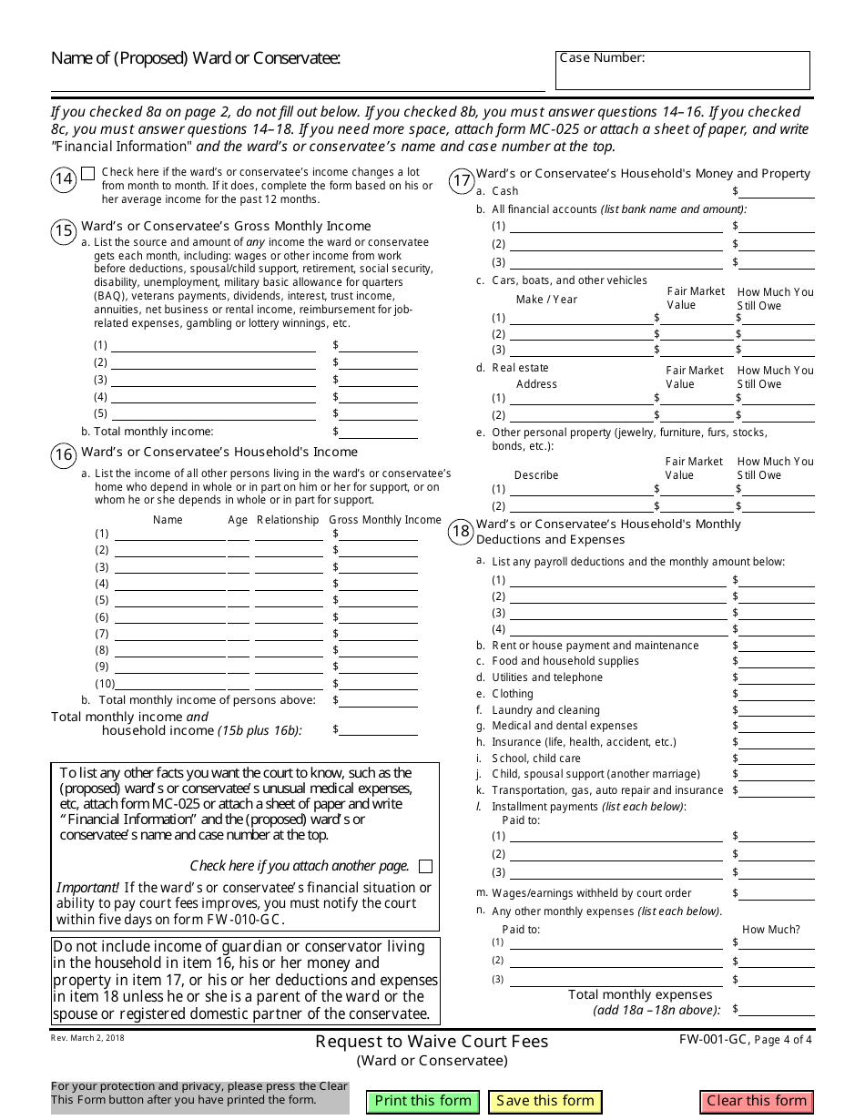 Form FW-001-GC Request to Waive Court Fees (Ward or Conservatee) - California, Page 4