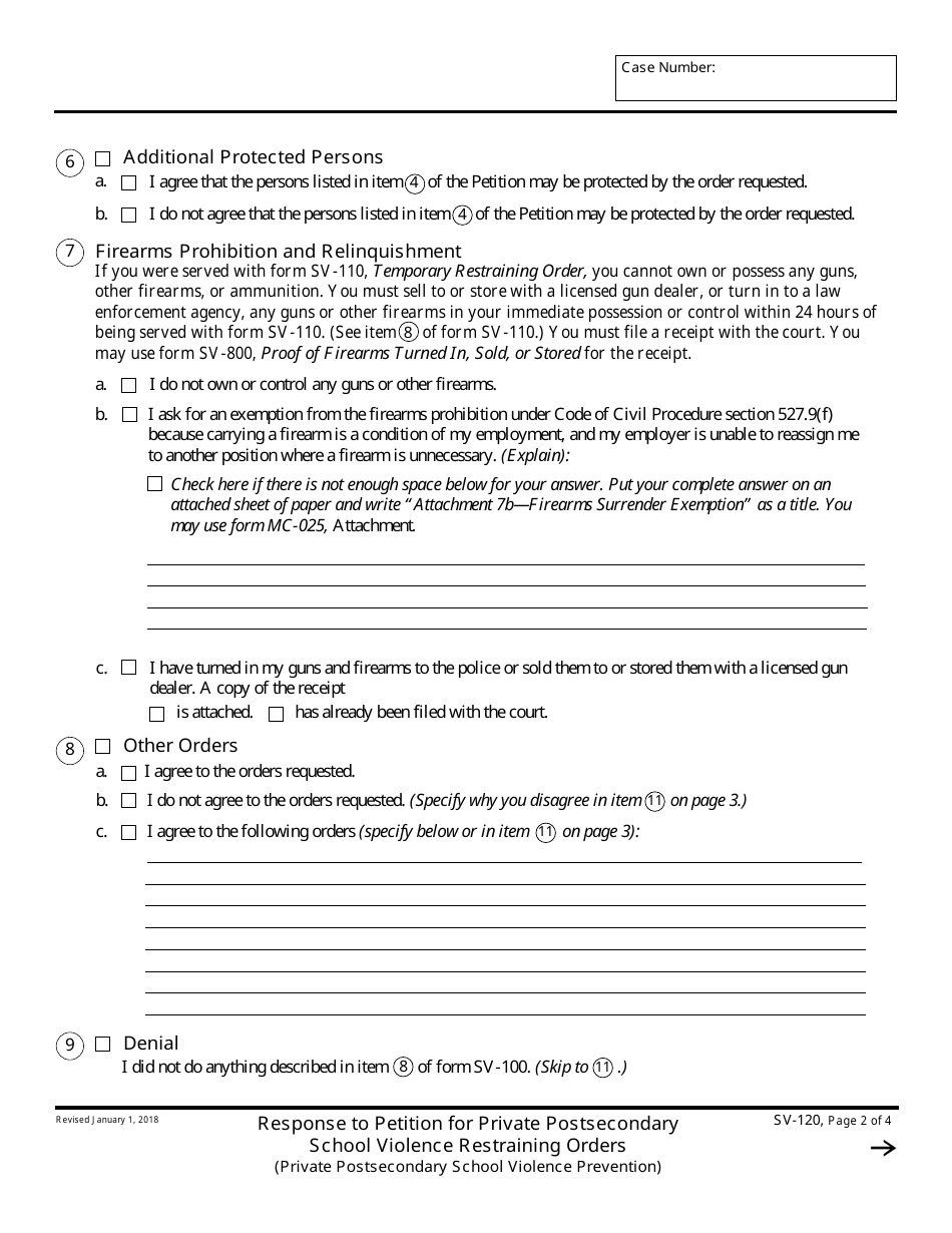 Form SV-120 Response to Petition for Private Postsecondary School Violence Restraining Orders - California, Page 2