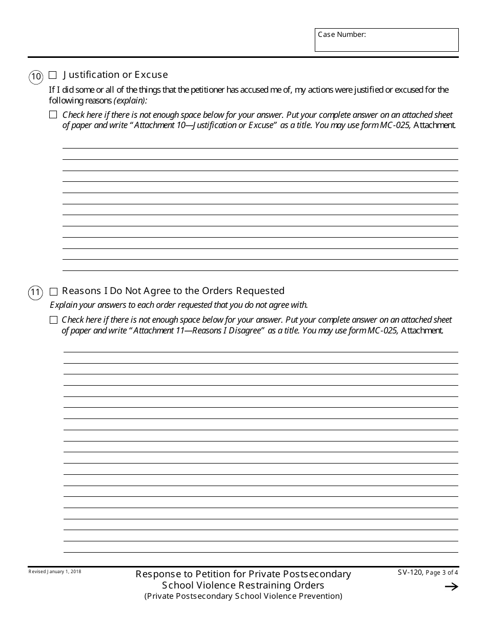 Form SV-120 Response to Petition for Private Postsecondary School Violence Restraining Orders - California, Page 3