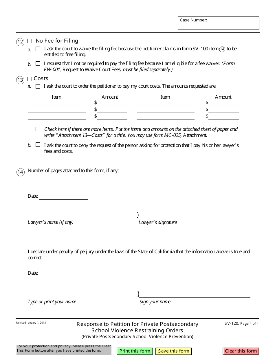 Form SV-120 Response to Petition for Private Postsecondary School Violence Restraining Orders - California, Page 4