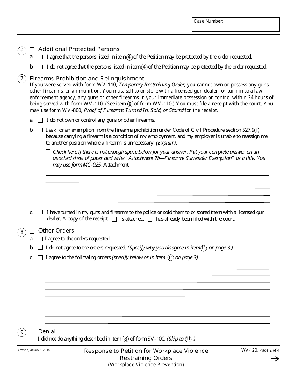 Form WV-120 Response to Petition for Workplace Violence Restraining Orders - California, Page 2