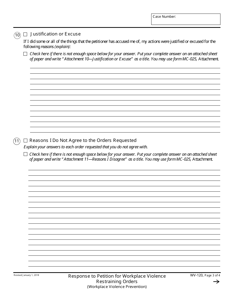 Form WV-120 Response to Petition for Workplace Violence Restraining Orders - California, Page 3
