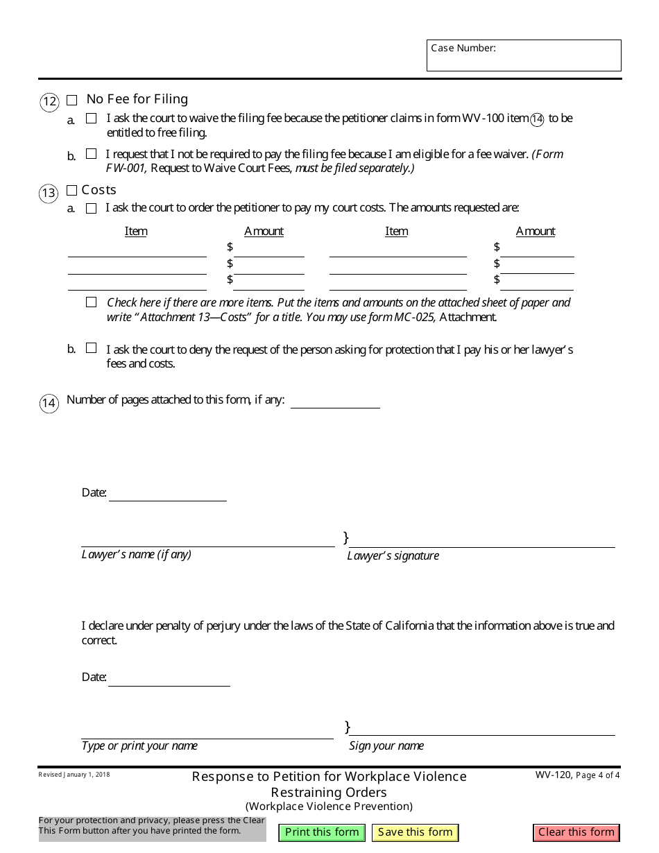 Form WV-120 Response to Petition for Workplace Violence Restraining Orders - California, Page 4
