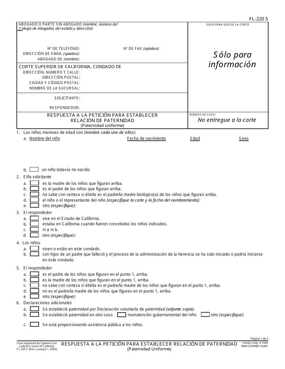 Formulario FL-220 S Respuesta a La Peticion Para Establecer Relacion De Paternidad (Paternidad Uniforme) - California (Spanish), Page 1