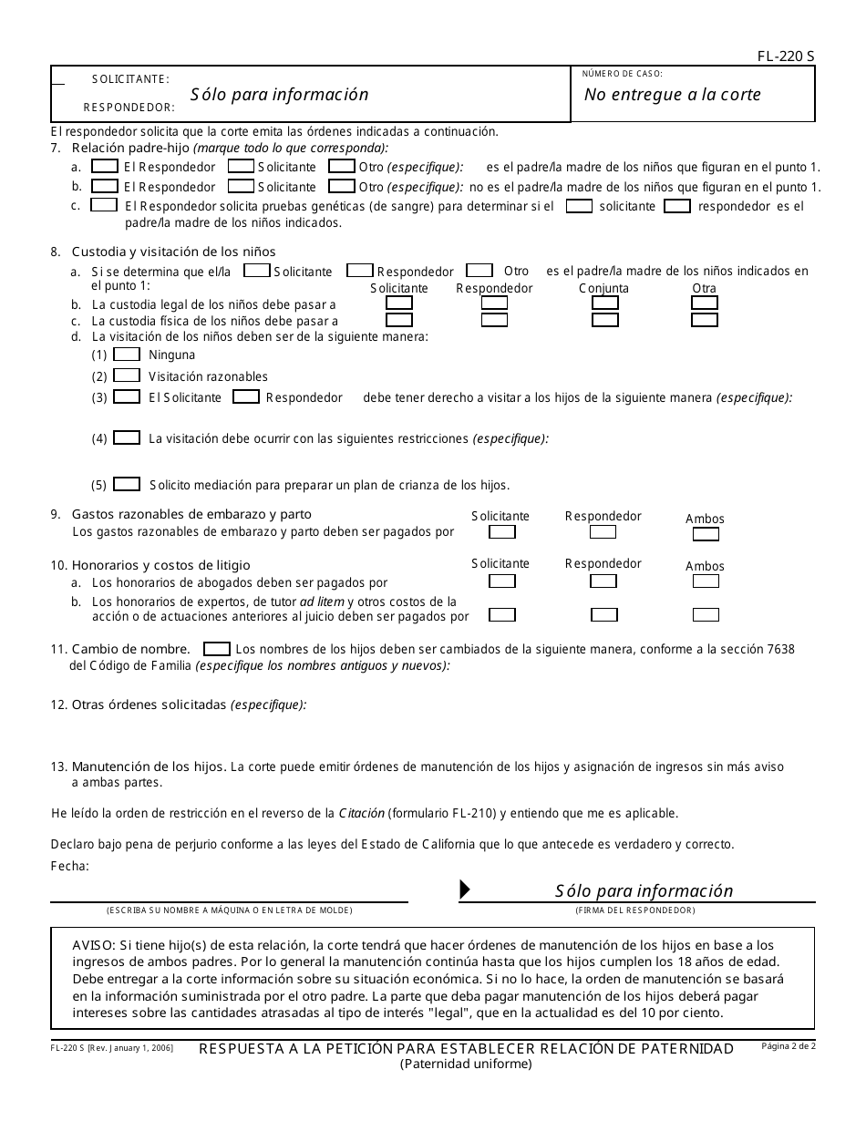 Formulario FL-220 S Respuesta a La Peticion Para Establecer Relacion De Paternidad (Paternidad Uniforme) - California (Spanish), Page 2