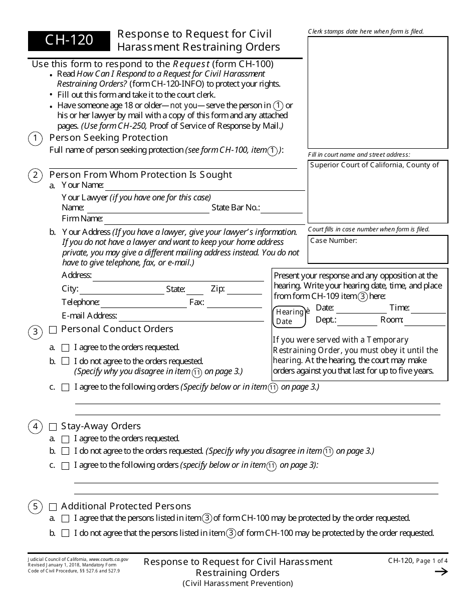 Form CH-120 Response to Request for Civil Harassment Restraining Orders - California, Page 1