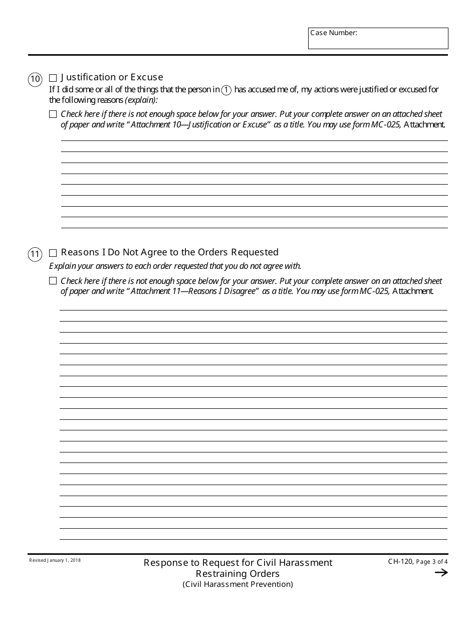 Form CH-120 Response to Request for Civil Harassment Restraining Orders - California, Page 3
