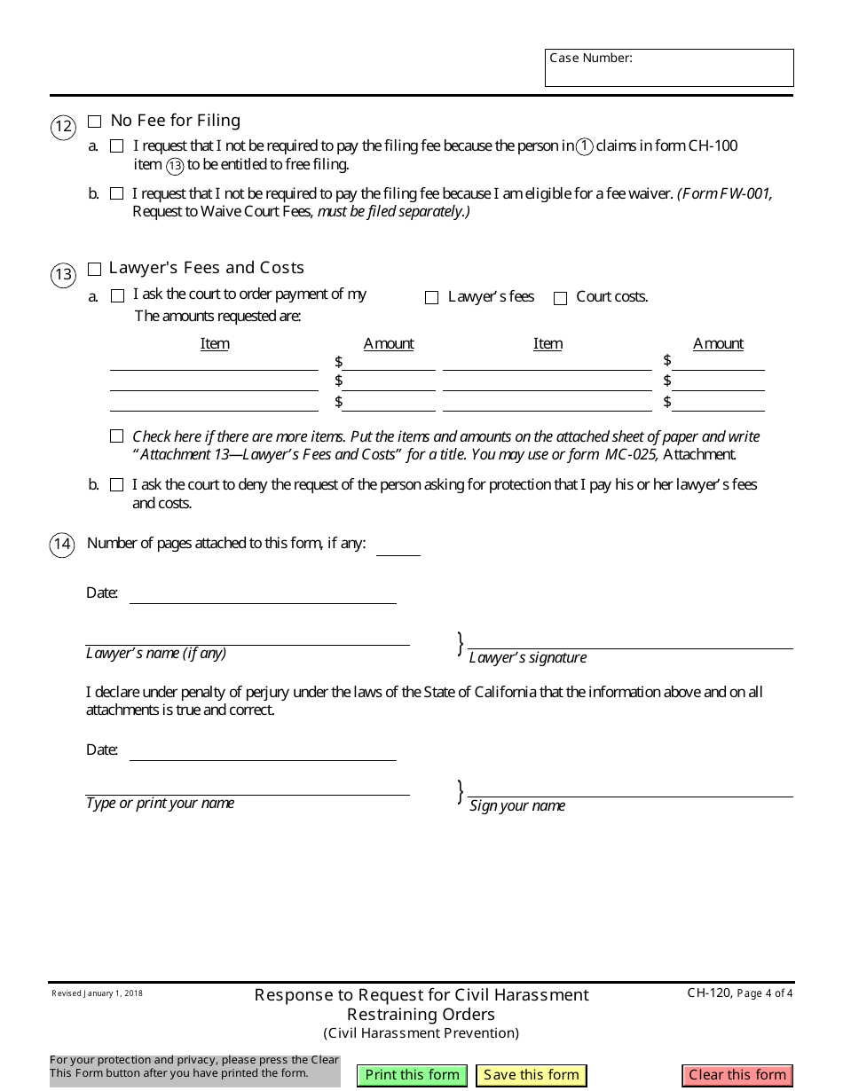 Form CH-120 Response to Request for Civil Harassment Restraining Orders - California, Page 4