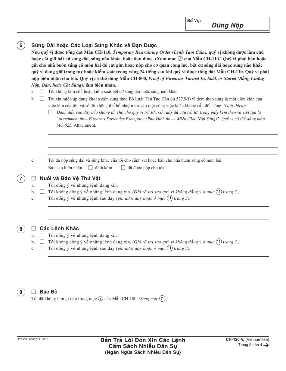 Form CH-120 V Response to Request for Civil Harassment Restraining Orders - California (Vietnamese), Page 2
