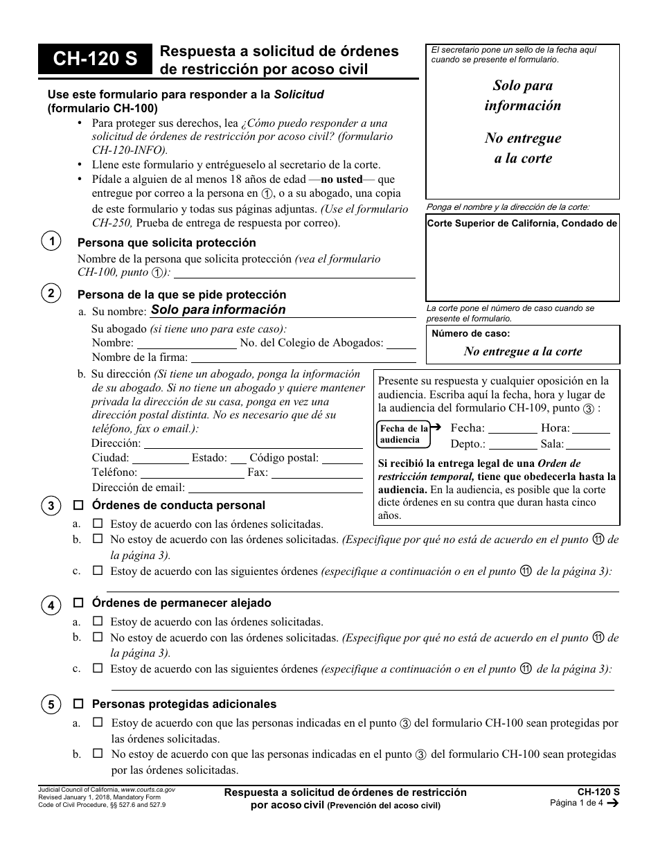 Formulario CH-120 S Respuesta a Solicitud De Ordenes De Restriccion Por Acoso Civil - California (Spanish), Page 1