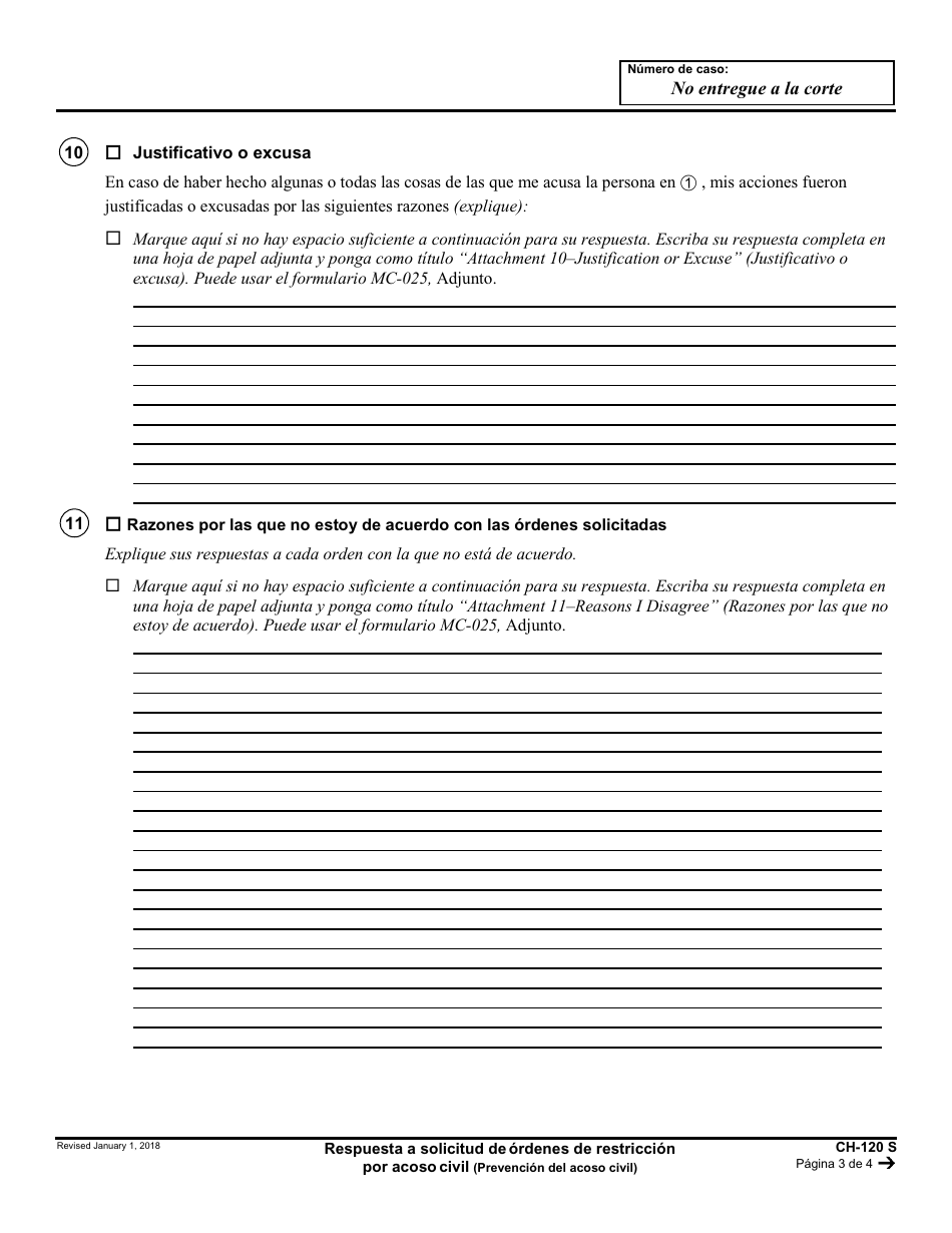 Formulario CH-120 S Respuesta a Solicitud De Ordenes De Restriccion Por Acoso Civil - California (Spanish), Page 3